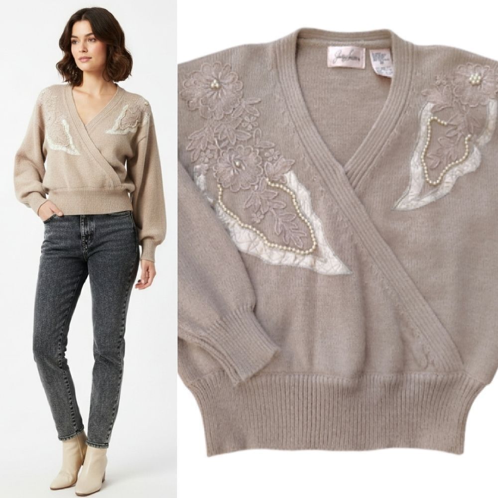VTG 80s Jaclyn Smith Taupe Knit  Embellished V‎ Neck Sweater Medium